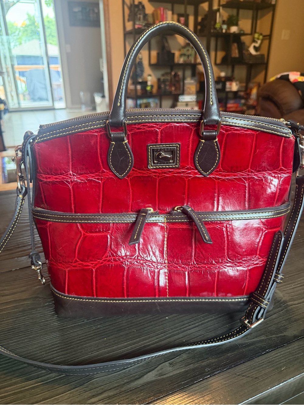 Dooney & Bourke Red Croc-Embossed Satchel with Dark Brown Trim